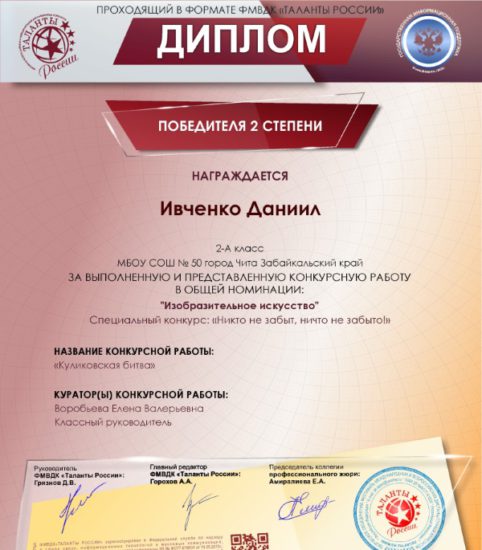 Ивченко Даниил. Диплом конкурса «Никто не забыт, ничто не забыто»